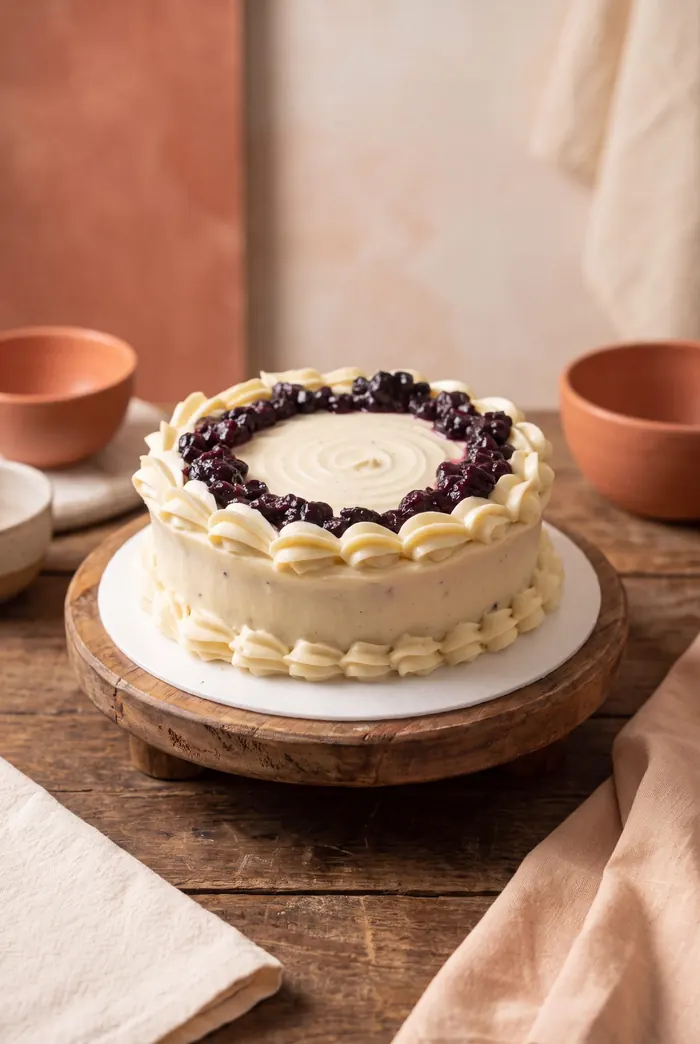 Cheesecake con borde de buttercream y mermelada de arándanos