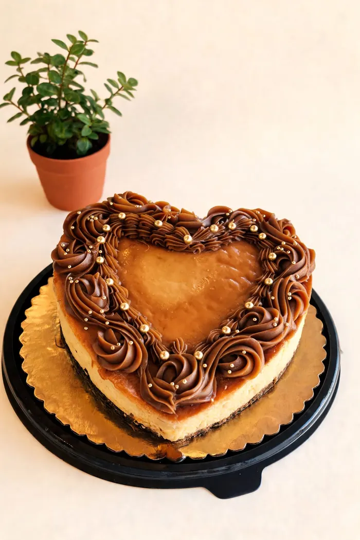 Cheesecake en forma de corazón con rosetones de chocolate y perlas doradas