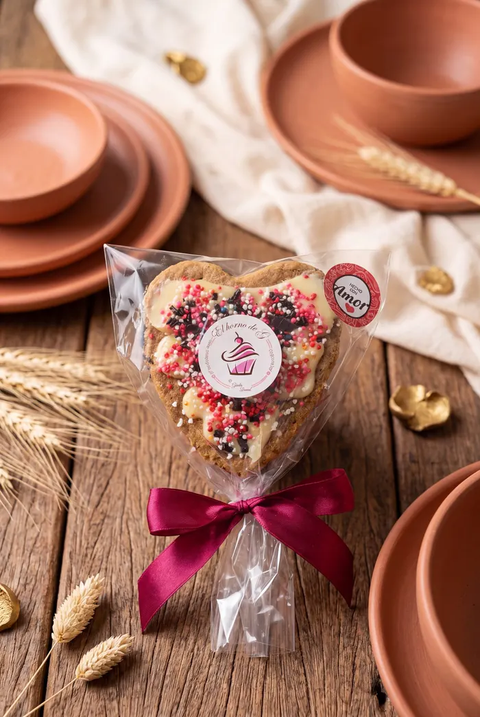 Galleta en forma de corazón envuelta como buquet con moño