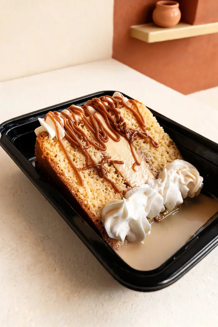 Porción individual de torta con dulce de leche y crema batida