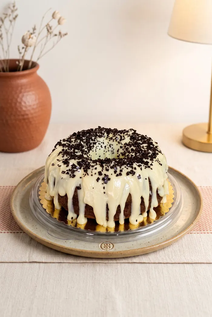 Torta con baño de chocolate blanco y chispas de chocolate oscuro