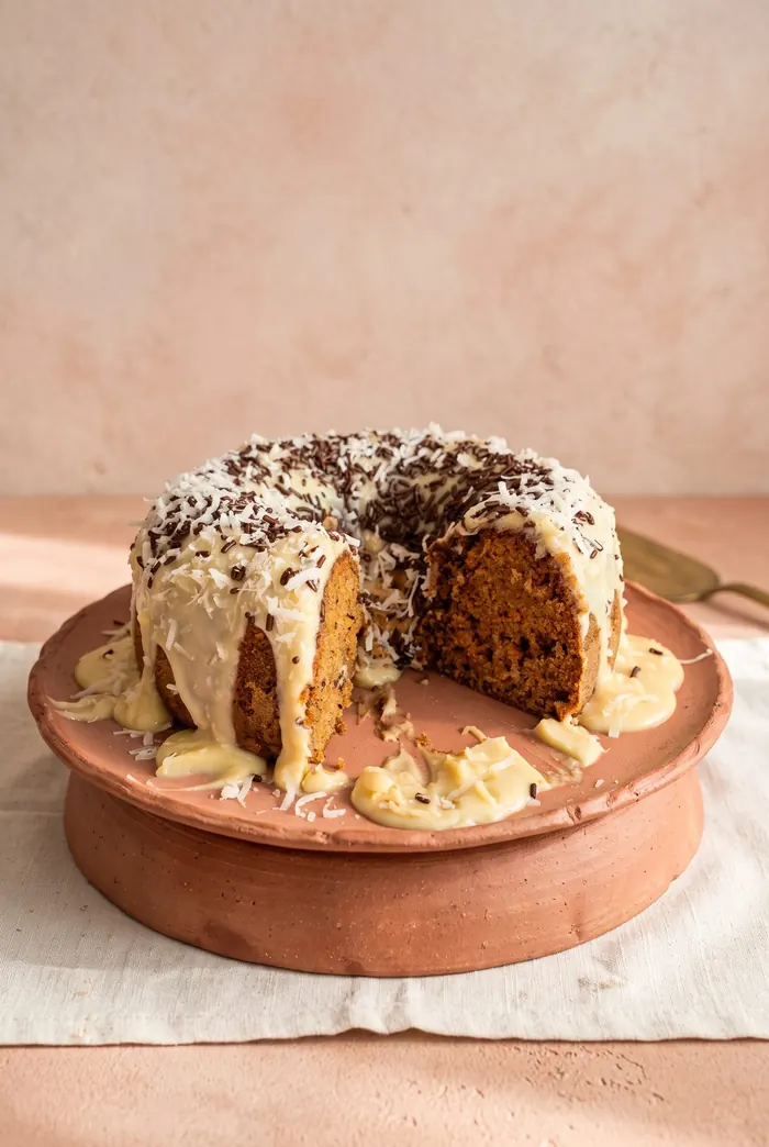 Torta bañada en dulce de leche con coco rallado y chispas de chocolate