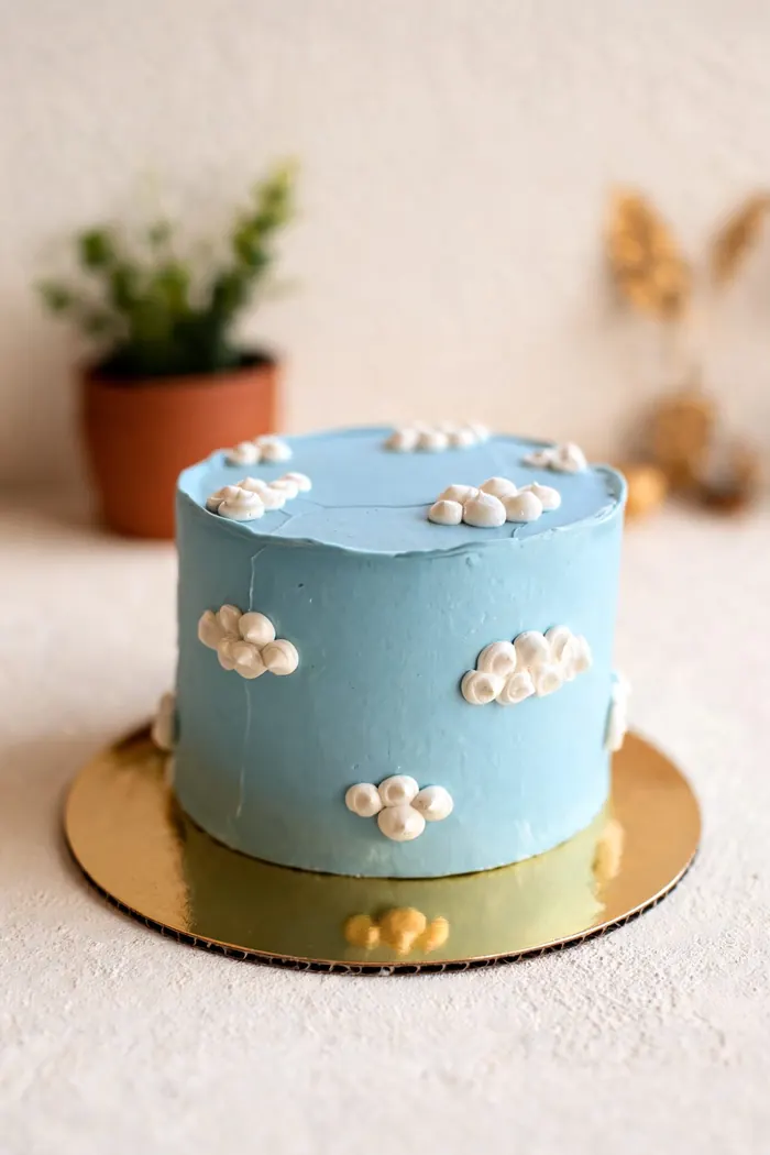 Torta decorada con cielo azul y nubes en buttercream