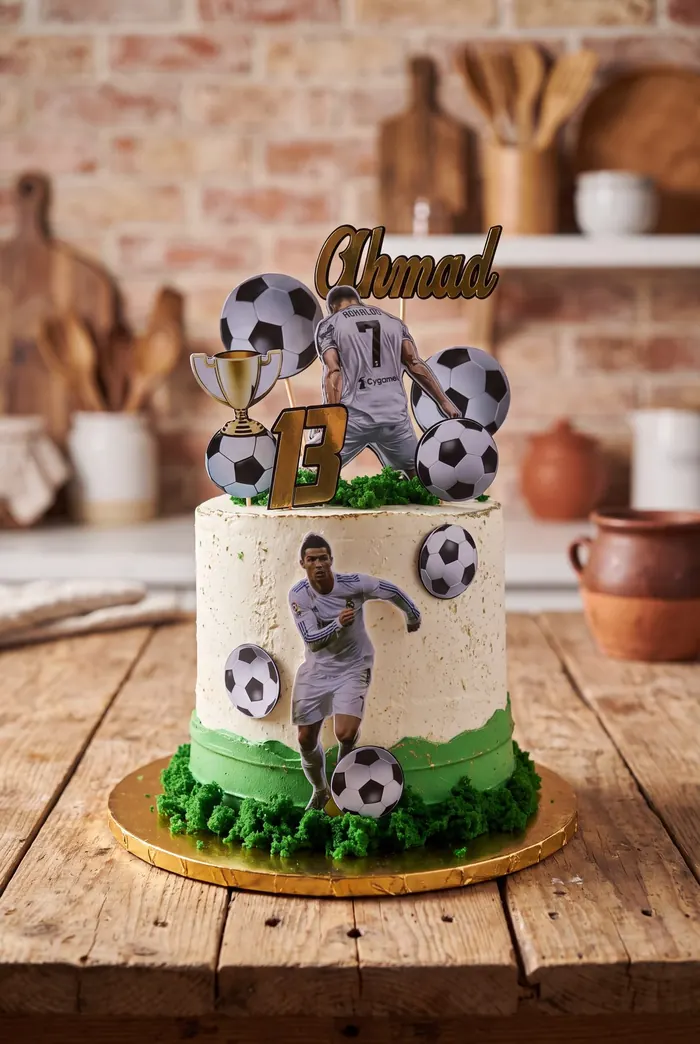 Torta de cumpleaños con temática de fútbol y toppers personalizados