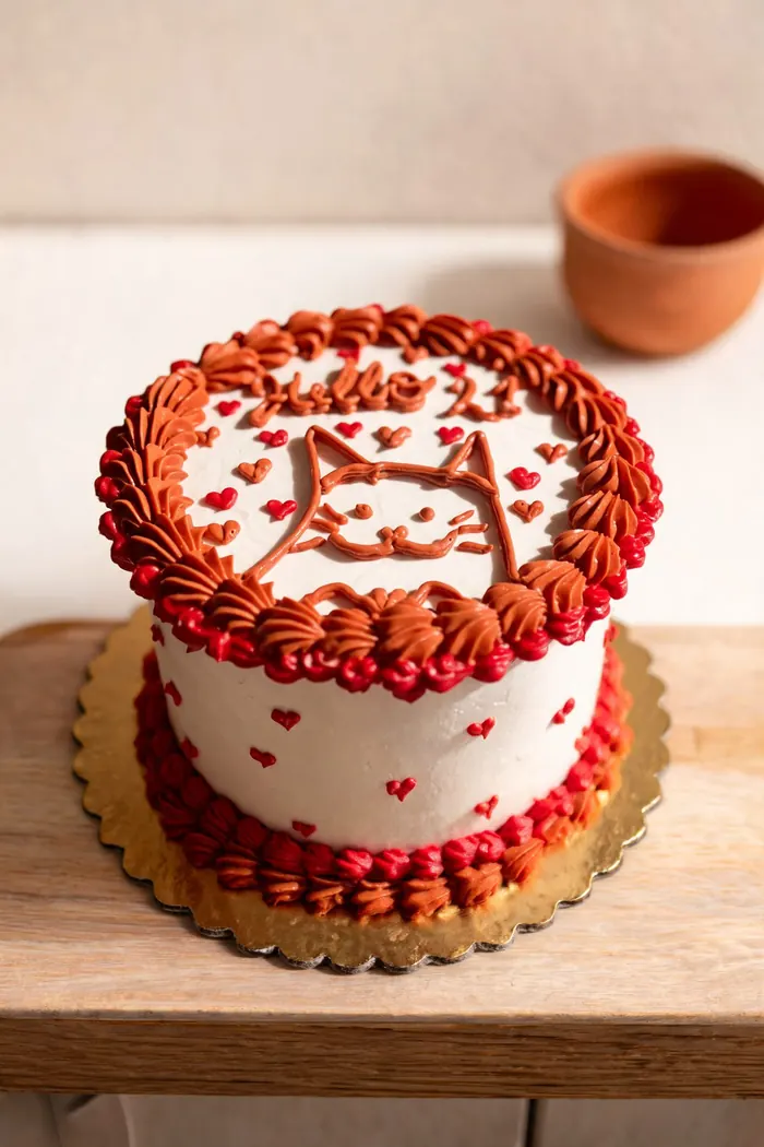 Torta de cumpleaños con diseño de gato dibujado en buttercream