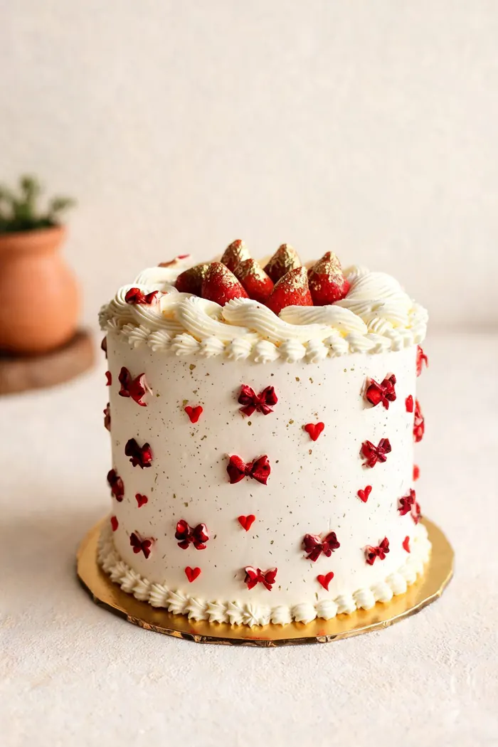 Torta blanca decorada con lazos y corazones rojos, coronada con fresas
