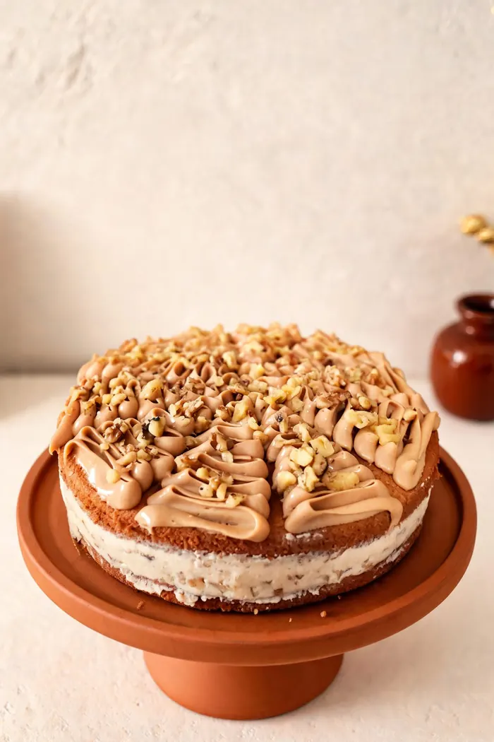 Torta de capas con dulce de leche y nueces tostadas