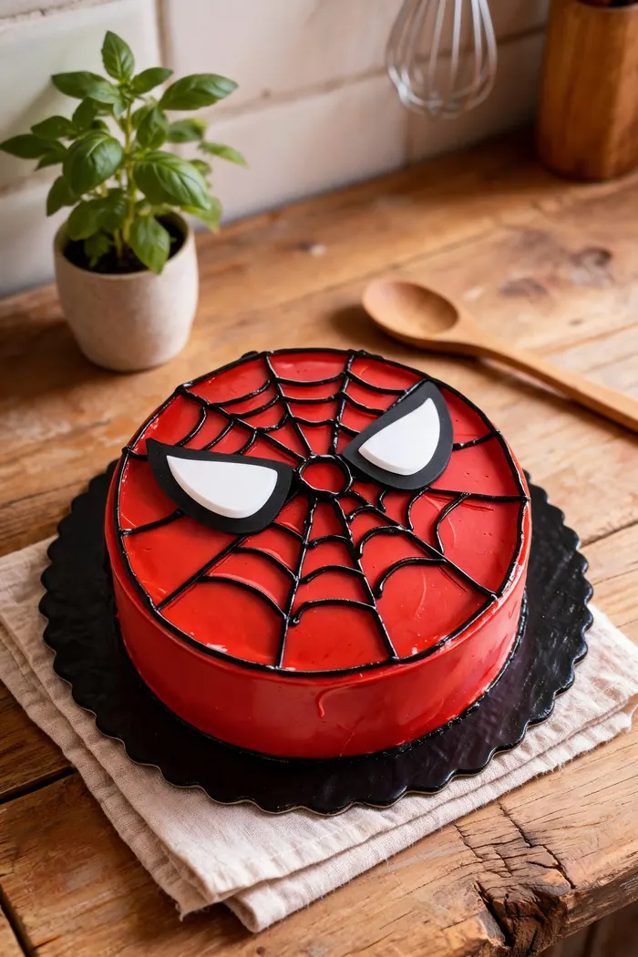 Torta temática de Spider-Man con telaraña y ojos en fondant